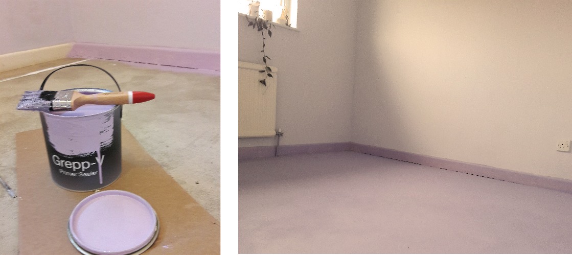 Priming the concrete bedroom floor and wooden skirting board with Grepp V primer (tinted)