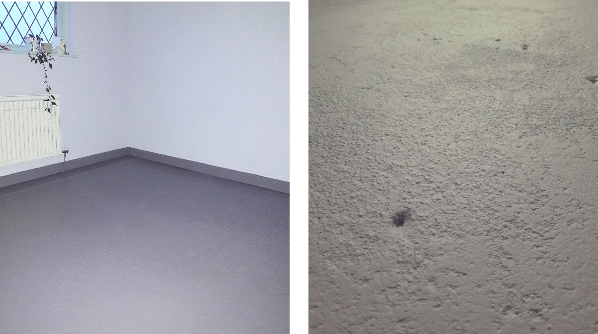 Make sure the floor is totally cured before you move the furrniture back into the room . Right: Close up of worn concrete after painting.