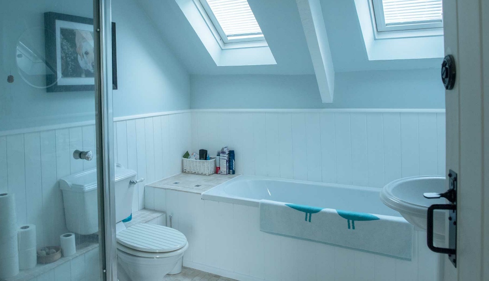 Bathroom in loft Painted in Farrow & Ball Pavillion Blue Modern Emulstion and All White Modern Eggshell