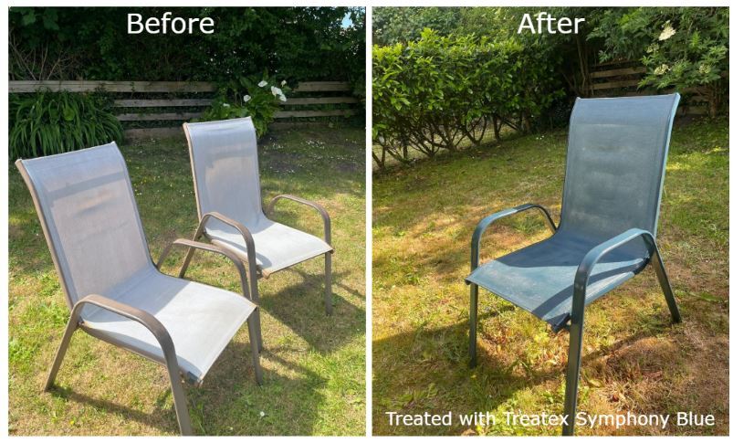 before and After upcycled metal garden furniture painted with Treatex Classic Colour