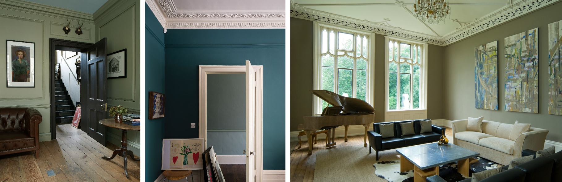 Farrow and Ball painted Architectural Rooms showing decorative cornice and plaster mouldings.