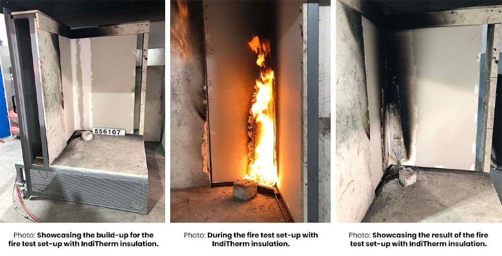 IndiTherm Fire test build-up series of 3 images showing the Inditherm insulation being tested with fire