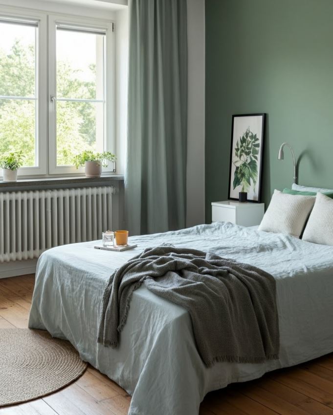 Bedroom with beautiful green walls. Colour: Auro Moss Green