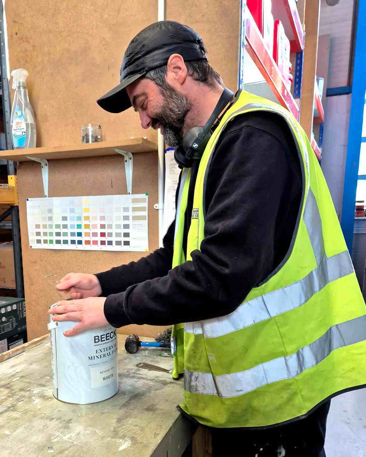 Master Mixer Paul mixing Beeck Paint in the Warehouse