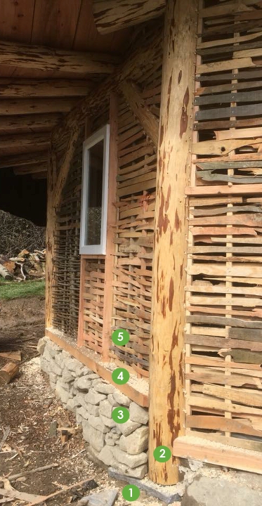 Lathe walls on Round Wood Timber Frame Building before Wattle and Daub finish