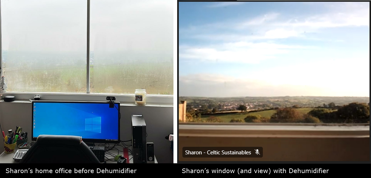 Dehumidifier in home office, before and after. Showing less condensation and great view from the window