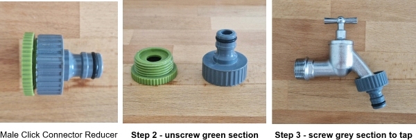 Steps 2 and 3 of how to fit a click connector to a garden bib tap