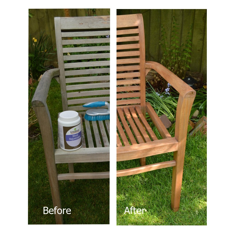 Treatex Wood Rejuvenator on Teak Garden Chair. Before and After.